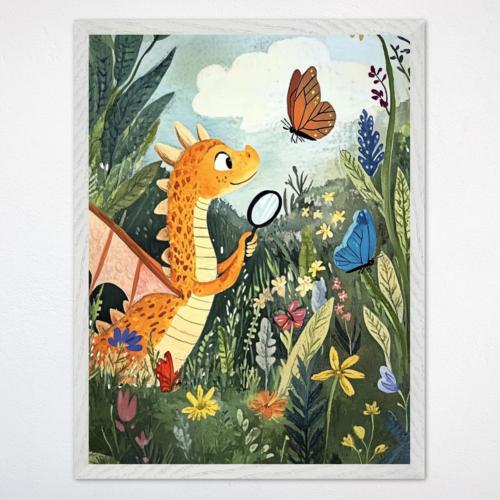 Whimsical Dragon Butterfly Framed Poster, Fantasy Dragon Nursery Wall Art, Playful Dragon Decor for Kids Room, Magical Nature Scene Canvas