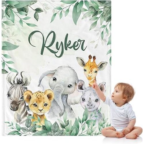 J&SBGFT Personalized Baby Blanket - Custom Baby Blanket with Name - Receiving Blankets for Toddler's Nursery, Stroller, Crib; Safari Animal