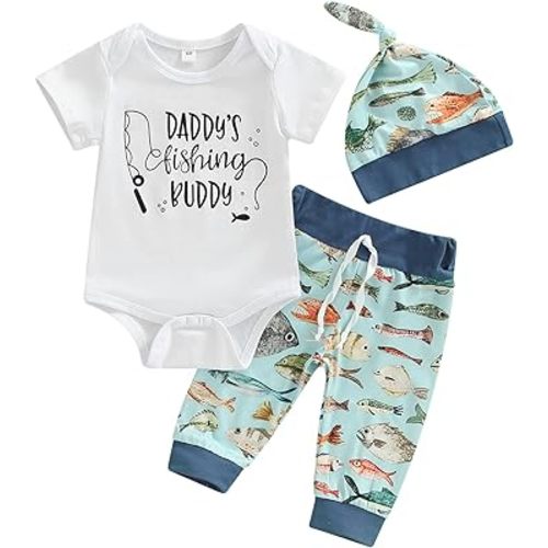 Muasaaluxi Newborn Infant Baby Girls Boys Daddy's Fishing Buddy Romper Bodysuit Fish Pants Hat 3Pcs Summer Outfit