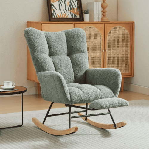 JXXRZ Nursery Rocking Chair with Footrest, Oversized Teddy Plush Rocker & Modern Upholstered High Back, Green
