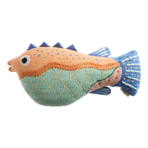 Coral and Teal Blowfish Shaped Indoor Outdoor Throw Pillow