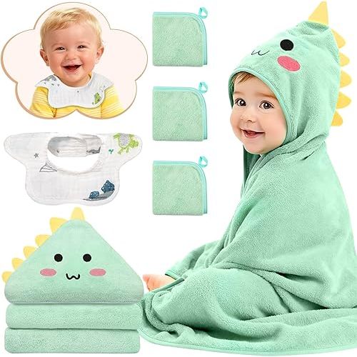 5 Pcs Baby Towel Set, 32x32 in Hooded Bath Towel, 3 Pcs Baby Washcloths and Cotton Baby Bibs for Newborns, Toddlers and Kids, Soft Baby Towels and Washcloths Set for Boys and Girls (Green Dinosaur)