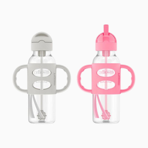 Narrow SIPPY STRAW Bottle 3/Silicone Handles - Gray & Pink