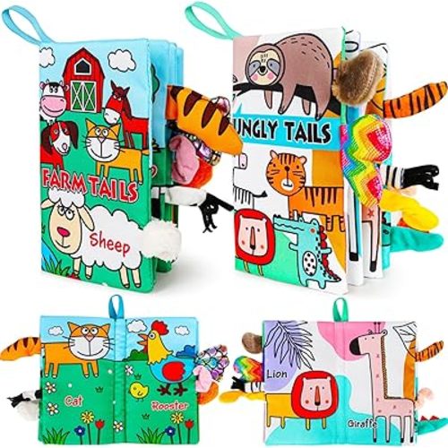 Soft Baby Book Animal Tails Baby Toy Touch and Feel Crinkle Cloth Book (Farm & Jungle Animals)