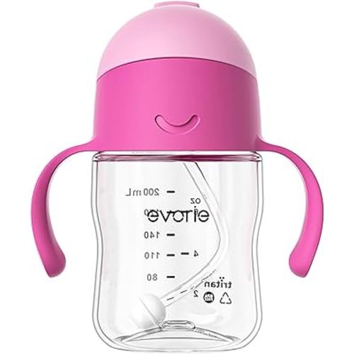 Evorie Tritan Weighted Straw Sippy Cup with Handles for Baby and Toddlers 6 months up, 7 Oz Soft Silicone Straw Infant First Training Water Bottle (Strawberry)