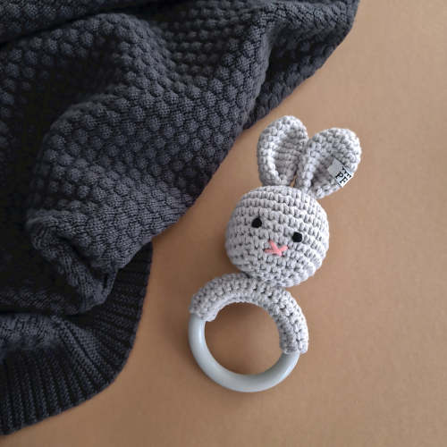 Bunny Rattle - Cotton & Silicone - Light Grey