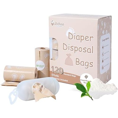 Diaper Bags Disposable for Baby, Biodegradeable Dirty Diaper Bags (8 Refill Rolls/120 Bags) with Dispenser | Leak Proof Diaper Trash Bags | Baby Poop Bags | Fresh Powder Scent