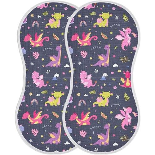 Muslin Burp Cloths for Baby Boys and Girls - 2-Pack Ultra Absorbent Cute Dragon Muslin Washcloths, Newborn Towel, Milk Spit Up Rags, Burp Cloth Bibs for Unisex, 22 x 11 Inch