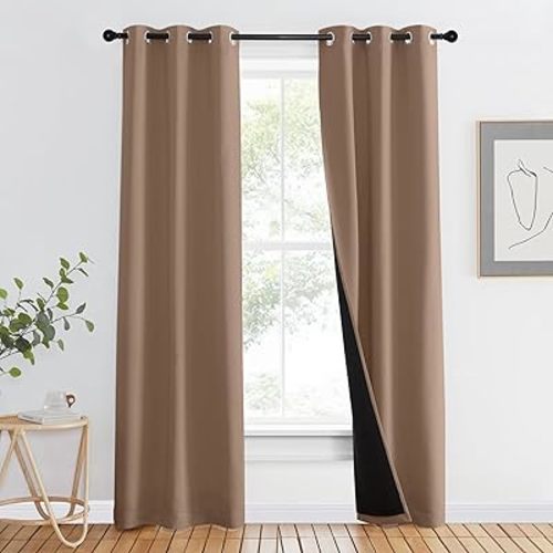NICETOWN 100% Blackout Curtains Thermal, Noise Reduction and Privacy Curtains for Patio Door, Black Lined Blackout Drapes with Grommet Top, Cappuccino, 1 Pair, W37 x L80
