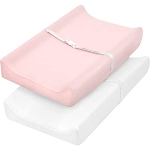 TILLYOU Changing Pad Cover Set in Soft Jersey Material - Fits 32"/34''x16" Contoured Pad for Babies,Peachy Pink & White