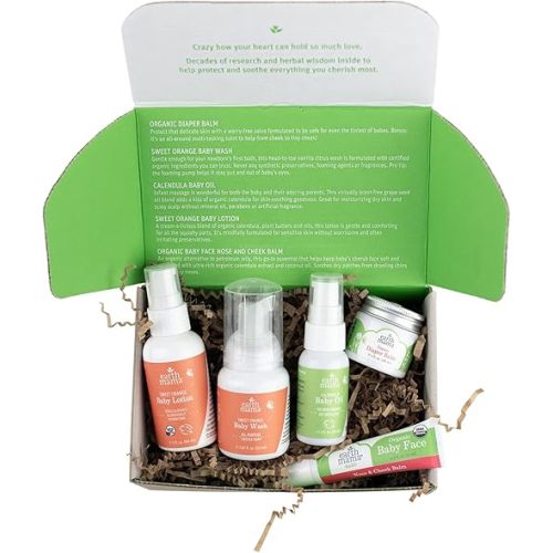 Earth Mama A Little Something for Baby Gift Box |Safe Skin Care Set Newborn Essentials for Baby Shower- Diaper Balm, Face Balm, Calendula Baby Oil, Baby Wash, Baby Lotion, 5 Pieces