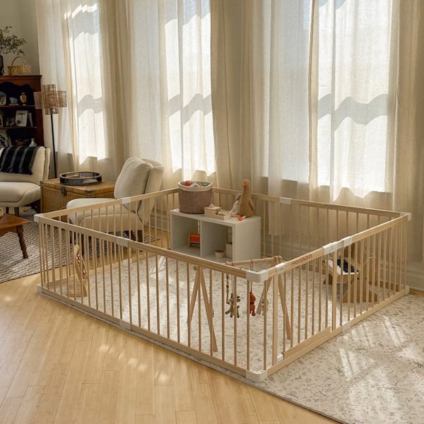 HARPPA Grovi Wooden Baby Gate Playpen | Non-Toxic Foldable DIY Adjustable Play Yard for Infants & Toddlers – Natural Finish Baby Fence for Small & Large Spaces