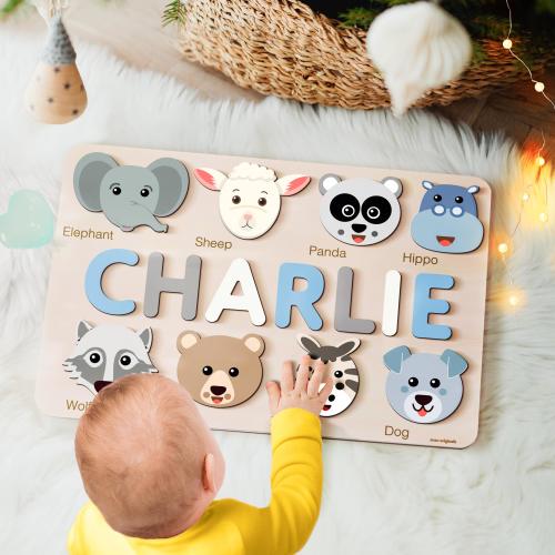 Custom Handmade Name Puzzle with Animals, Personalized Birthday Gift for Kids, Christmas Gifts for Toddlers, Unique New Baby Gift, Wood Toy