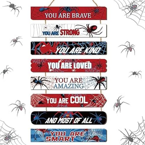 Spider Theme Sign Inspirational Spider Wall Room Decor Hanging Wooden Cartoon Decor You are Brave Wall Art Wood Art Prints Teen Bedroom Playroom Home Birthday Gifts