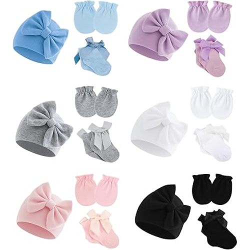 6 Pack Preemie Hats Mittens and Socks Set,Newborn Cotton Bow Caps and No Scratch Preemie Mittens Socks for Baby Girl