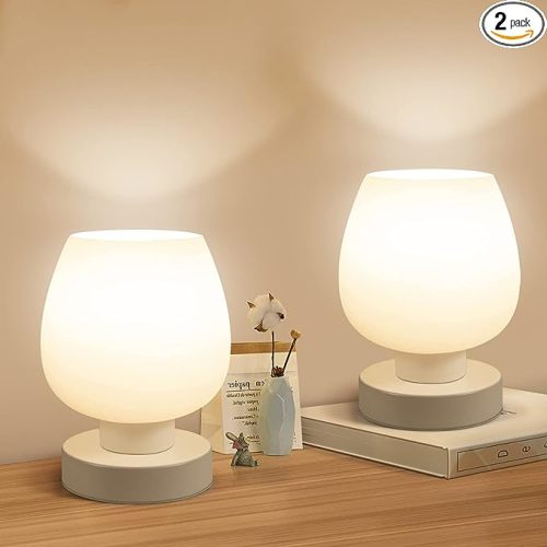 Touch Bedside Table Lamp Set of 2 - Small Modern Table Lamp for Bedroom Living Room Nightstand, 3-Way Dimable Desk lamp with White Opal Glass Lamp Shade, 2700K LED Bulb, Simple Design Home Decor - white_2packs - Non-USB