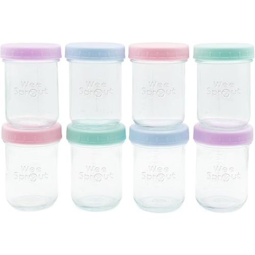 WeeSprout Baby Food Storage Glass Jars w/Lids (8 oz, 8 Pack) Pastel Variety, Snack, Reusable Small Containers, Fridge or Freezer, Microwave & Dishwasher Safe, Essentials for Infants