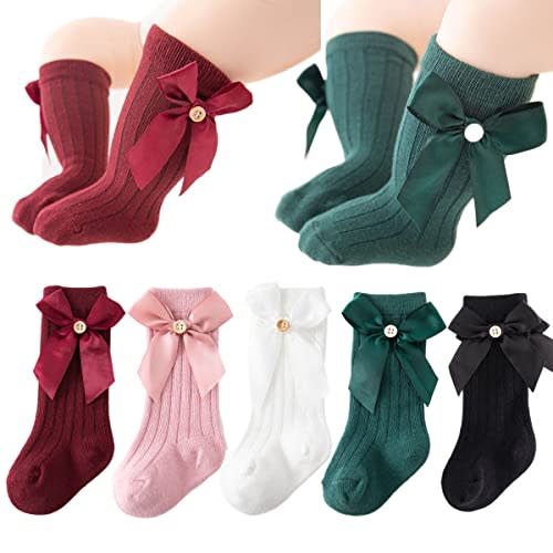 BEHELE Baby Girls Knee High Socks Toddlers Newborn Infant Bow Princess Dress Dance Knit Socks Tube Ruffled Uniform Stockings