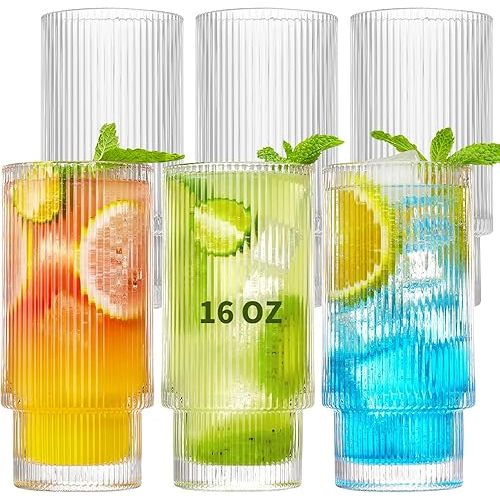 6 Pack Ribbed Drinking Glasses, 16 oz Vintage Glass Cups, Highball Glasses, Premium Iced Coffee Glasses, Clear Glass Tumbler, Cocktail Glasses, Elegant Glassware for Water Juice Whiskey Beer