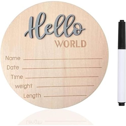 Baby Announcement Sign, ​5.9 Inch Wooden Hello World Newborn Signs, Birth Announcement Sign, Baby Shower Hospital Nursery for Newborn Boys and Girls (Gray,Pen)