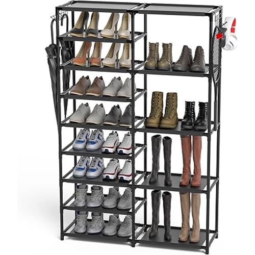 Tall Garage Shoe Rack Large Capacity,Two Rows Versatile Hooks Storage Boot Shelf Black 24-35 Pairs