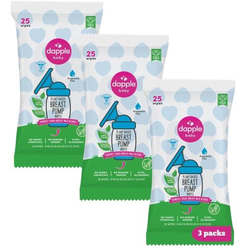 Dapple Baby Breast Pump Wipes, Powered by Plants, Hypoallergenic, Removes Milk Residue, No Rinse, Fragrance Free, 25 Count (Pack of 3)