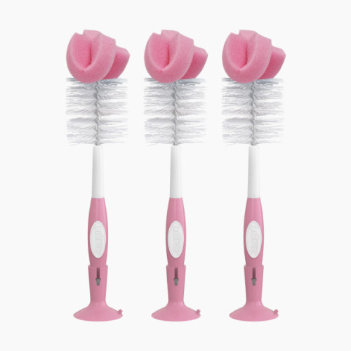 Reusable Sponge Baby Bottle Cleaning Brush Set with Suction Cup Stand, Scrubber and Nipple Cleaner, 3 Pack - Pink