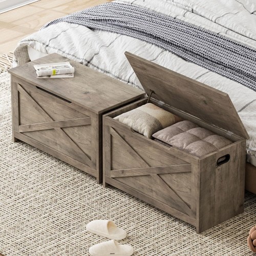 Wooden Storage Chest with Safety Hinge, Large Entryway Bench for Bedroom, Living Room, or Hallway