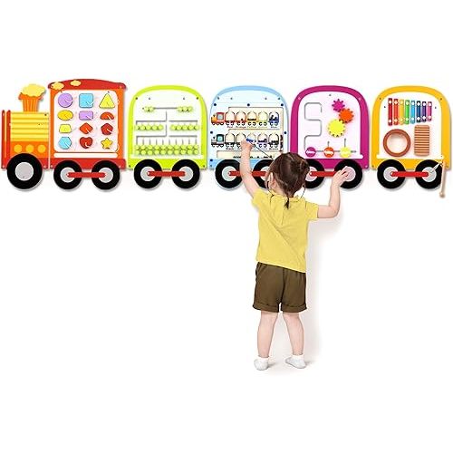 Joyreal Train Activity Wall Busy Board Panels - 8-in-1 Toddler Learning Activity Center - Wooden Montessori Sensory Toys for Playroom, Daycare, Classroom - Educational Toy for All-Round Development