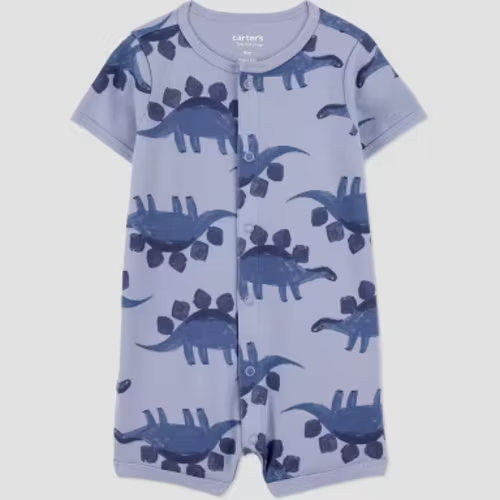 Carter's Just One You® Baby Boys' Short Sleeve Dinosaur Romper - Blue 9M: Cotton Short Sleeve Crew Neck, Front & Crotch Snap Closure
