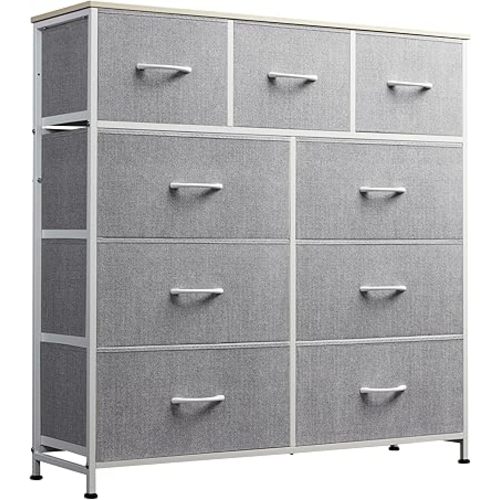 WLIVE 9-Drawer Dresser, Fabric Storage Tower for Bedroom, Hallway, Entryway, Closet, Tall Chest Organizer Unit with Fabric Bins, Steel Frame, Wood Top, Easy Pull Handle, Light Grey