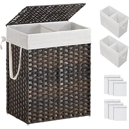 SONGMICS Laundry Hamper with Lid, 90L Clothes Hamper with 2 Removable Liner Bags, 6 Mesh Bags, Wicker Laundry Basket, Double Laundry Hamper for Bathroom, 13 x 18.1 x 23.6 Inches, Brown ULCB251K01V1