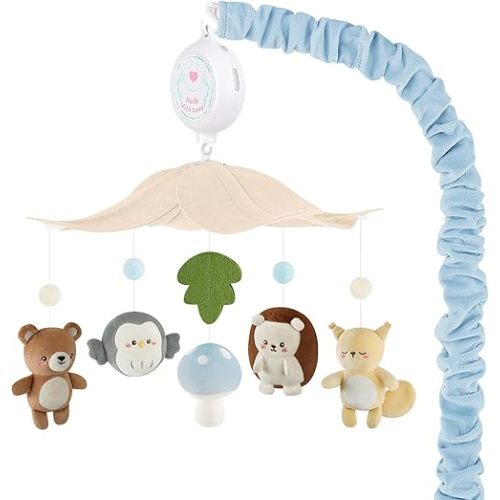 Woodland Crib Mobile – Forest Animals Baby Mobile for Crib with Upgraded 3-Mode Music Box, Blue Nursery Mobiles for Boys & Girls, Fits Standard Cribs, Forest Nursery Decor
