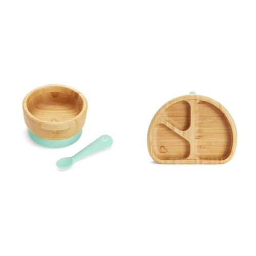 Munchkin® BambouTM Bamboo Suction Bowl, Silicone Spoon and Divided Suction Plate - Eco-Friendly Baby Mealtime Set