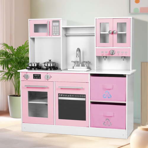 Pirecart Pretend Play Kitchen Wooden Kids Cooking Play Toy Set with Cookware Accessories, Sink, Microwave and Realistic Light & Sounds, Gifts for Age 3+, Pink