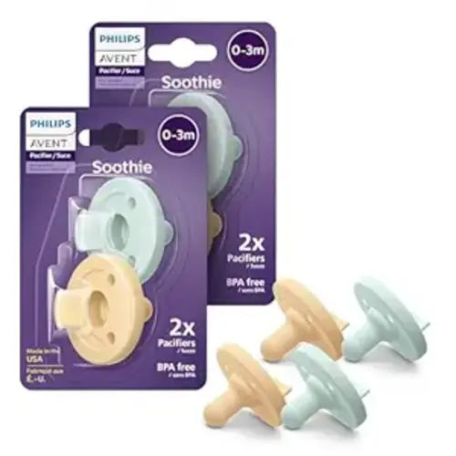 Philips Avent Soothie Orthodontic Baby Pacifiers, 100% Silicone Pacifiers, One Piece, BPA-Free, for Babies 0-3 Months, 2 Green and 2 Yellow, 4 Pack, Model SCF190/71