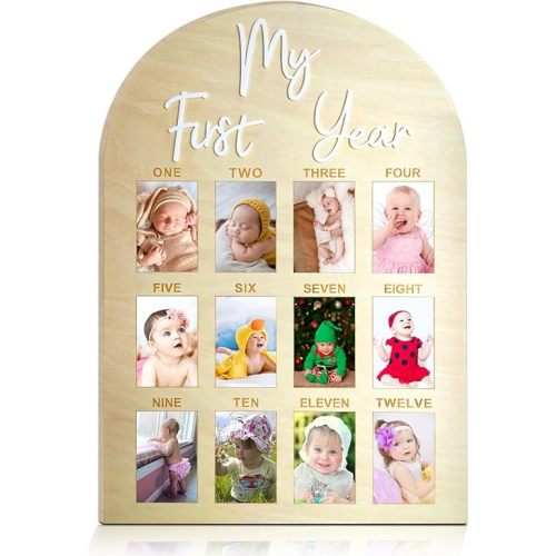 One Year Birthday Wooden Photo Board My First Year Milestone Photo Board 12 Monthly Picture Frame Baby First year Wood Acrylic Sign 1st Birthday Decorations Baby Keepsake Gift (2" x 3" photos - Wallet Size)