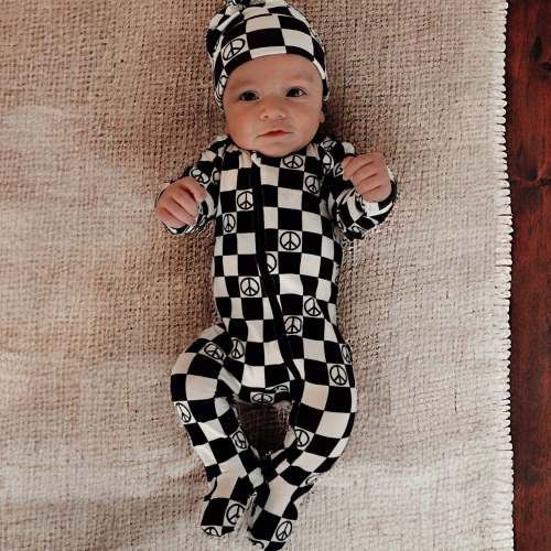 2-Way Zip Footie, Black Peace Checkerboard