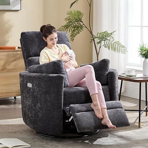 Recliner Swivel Glider Electric Rocking Multifunction Living Room Bedroom with Upholstered High Back Nursery Chair Adult Rocking Chair with 2 Pillows Power Recliner (DRAK Grey, Power-Driven)