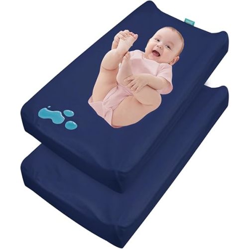 Changing Pad Cover Waterproof, 2 Pack Diaper Change Table Sheets for Baby Boys Girls, Fitted Cradle Sheets for 32"x16" Contoured Pad, Breathable & Ultra Soft, Navy