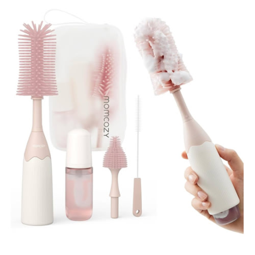Momcozy Bottle Brush Kit, Innovative Push-Press Design for Better Cleaning - Baby Bottle Cleaner Brush for Baby Bottle, Breast Pumps, Nipples, and More - Can Generate Foam for Better Cleaning, Pink