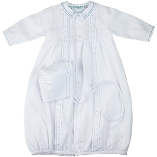 Feltman Brothers White & Blue Tucked Take Me Home Gown & Bonnet Newborn Boys