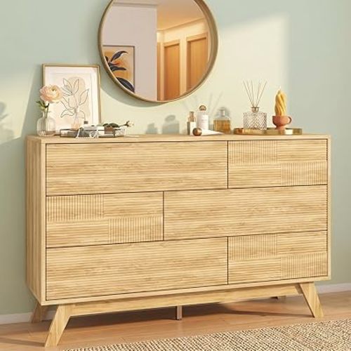 SIDUCAL Fluted 6 Drawer Dresser for Bedroom, Modern 47" Wooden Dresser with Drawers Storage for Nursery Dresser, Handleless TV Stand in Natural Oak, Closet Organizer for Hallway or Living Room