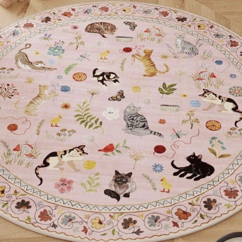 Washable 4ft Floral Cat Round Rug - Pink