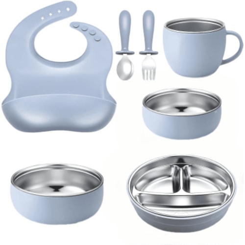 Baby Feeding Set, Baby Led Weaning Supplies, 6 Pcs Toddler Dishes Set - Baby Adjustable Bib, Forks and Spoons, Cup, Divided Plate and Suction Bowl (Stainless Steel, Blue)