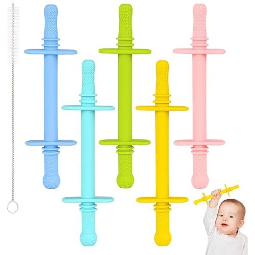 Fu Store Hollow Teether Tube Chew Straw Toy for Infant Toddlers Silicone Tubes Teething Toys for Babies 3-12 Months BPA Free/Freezable/Dishwasher and Refrigerator Safe (5 Pack)