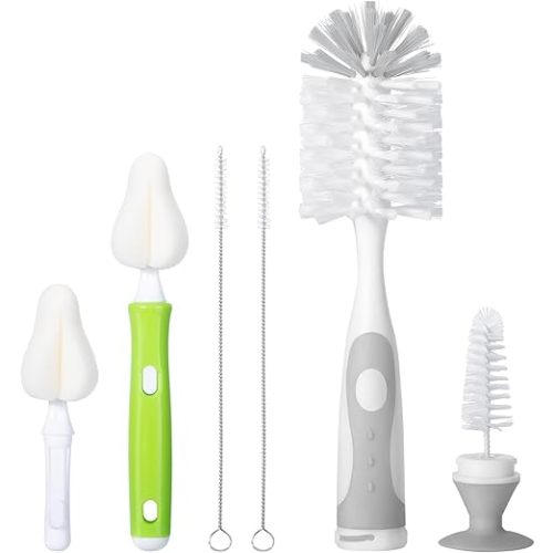 CAREBABYMORE Baby Bottle Brush with One Base Hidden Nylon Nipple Cleaner, 2 Pcs Sponge Nipple Brushes, 2 Pcs Straw Brushes, Bottle Brush with Nipple Cleaner and Suction Cup (Green)