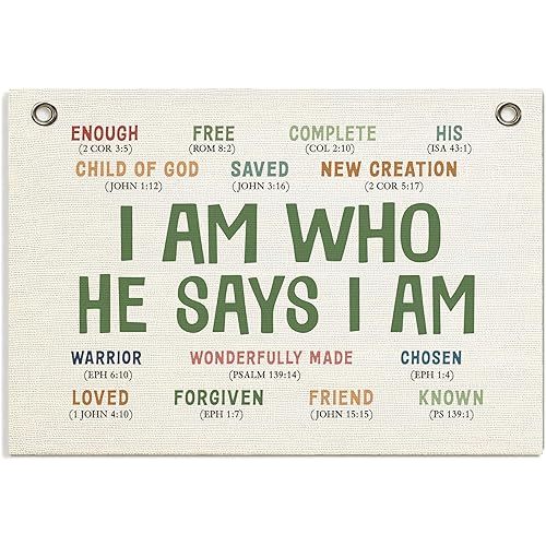 Christian Wall Decor Banner, Inspirational Religious Bible Verse Decor, Canvas Hanging Flag Banner Wall Poster Sign, Positive Growth Mindset Quotes for Kid's Room Classroom Homeschool -I Am Who He Says I am