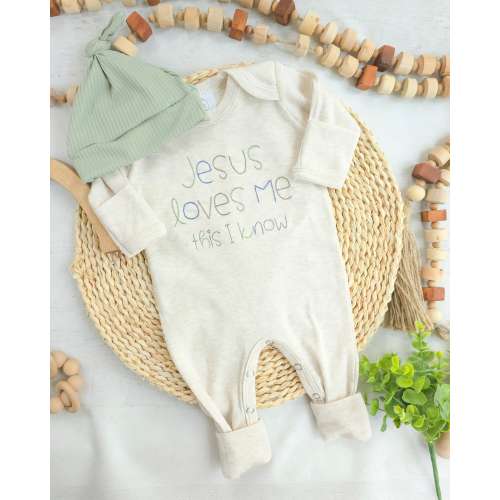 Christian baby romper and hat set infant boy coming home outfit baby shower gift beige sleeper with footies Jesus Loves Me