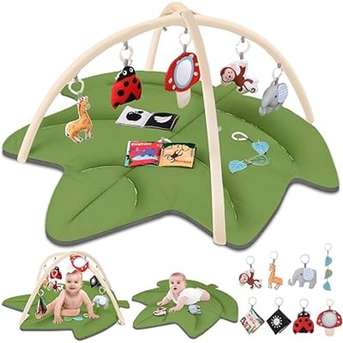 Baby Play Gym & Activity Mat, Leaf Shaped Tummy Time Mat with 8 Detachable Toys,Infant Play Mat for Stage-Based Sensory & Motor Skill Development,Christmas for Newborn Boys Girls